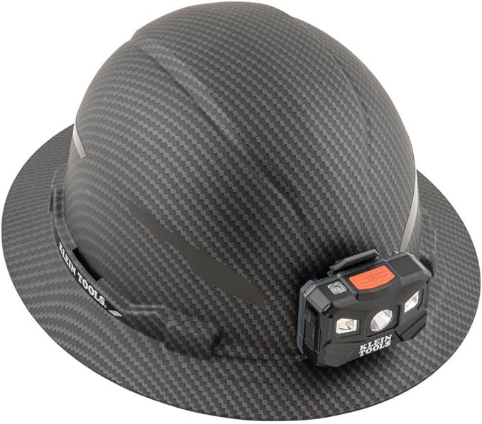Klein Tools 60346 Hard Hat, Non-Vented Full Brim, Class E, Premium KARBN Pattern, Rechargeable Lamp, Padded Sweat-Wicking Sweatband, Top Pad