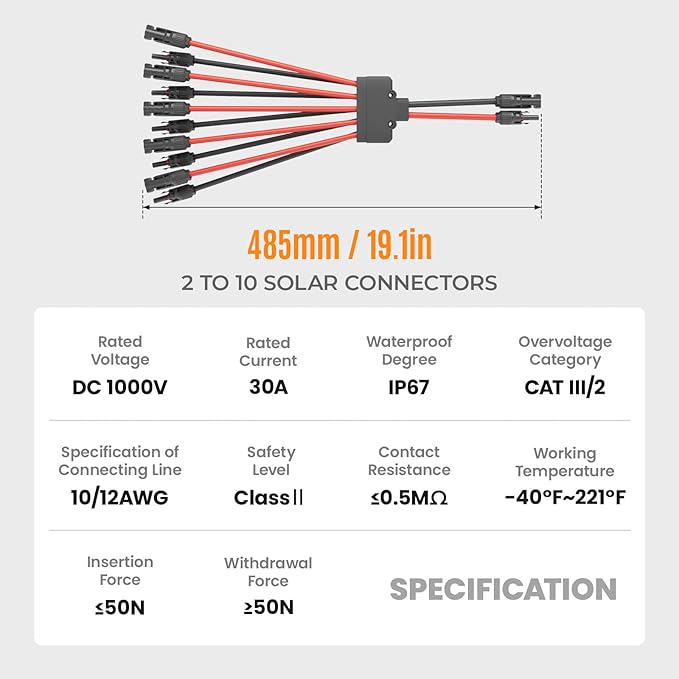 Solar Panel Connector 10 to 2 Solar Y Branch Connectors PV Panels Parallel Connectors Kit Adapter Waterproof Wire Plug Tool for Solar Panel(1 Pcak MF/FFFFFMMMMM)
