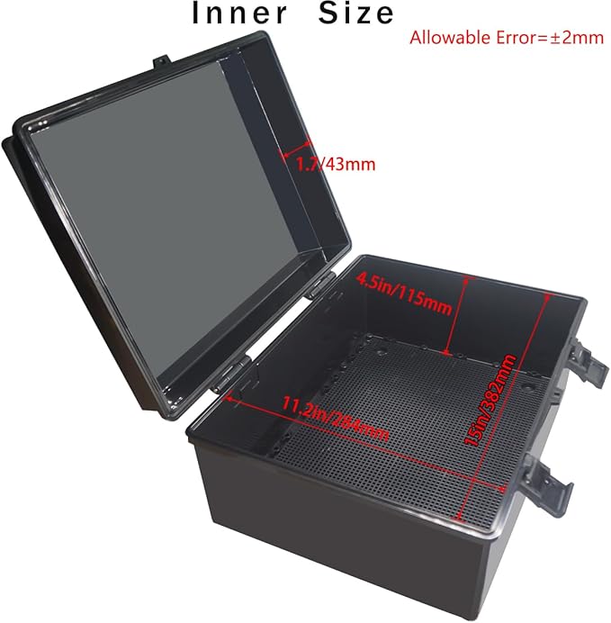 Junction Box, Hinged Black Cover IP67 Waterproof ABS Project Box with Mounting Plate Electrical Box Enclosure with Wall Bracket 15.7 x 11.8 x 6.7inch(400x300x170mm)