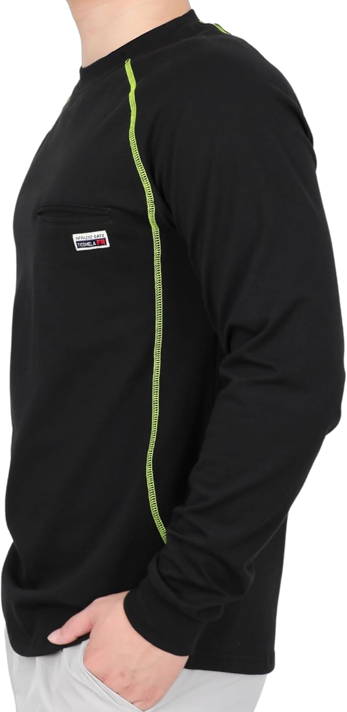 TICOMELA FR T-Shirt, Flame Resistant, Stretch Fit, Hidden Pocket, 6oz Crew Neck Work Shirt for Men 100% Cotton