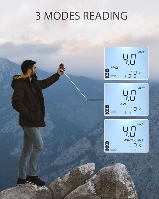 Wintact Handheld Anemometer, Digital Wind Speed Meter Gauge, Air Flow Velocity Tester with Measuring Wind Temperature 14℉ to 113℉ for HVAC Duct Outdoor Kite Boat Sailing Surfing (WT816)