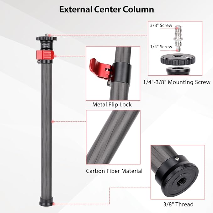 Koolehaoda Tripod Extender 2 Section Center Column Extension 28" Carbon Fiber Telescopic Stick Rod with 1/4" to 3/8" Screw Compatible with Tripod/Monopod/Gimbal/Camera, Max Load 33lb