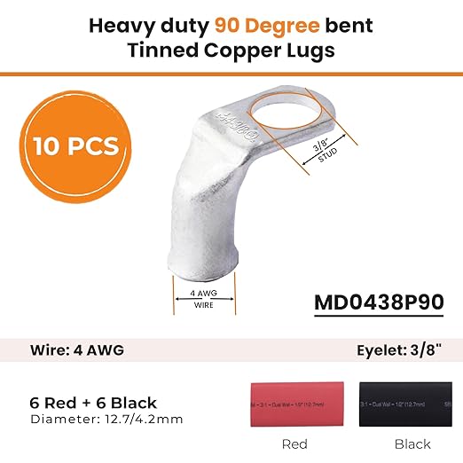 SELTERM 10pcs - 4 AWG 3/8" Stud - 90° Bent Battery Lugs - Ring Terminal Connectors with 12pcs 3:1 Black & Red 1/2" Heat Shrink Tubing - Heavy Duty Battery Cable Ends - Tinned Copper Wire Connector Kit
