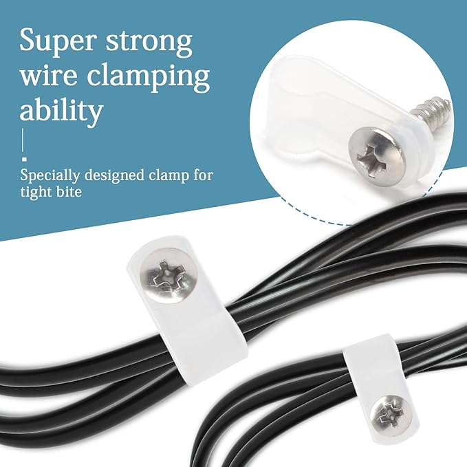 50 Pcs 1/4 Inch White Nylon Screw Mounting R-type Cable Clip Wire Clamp, 6.4mm Cable Clip Wire Clamp for Wire Management, Stainless Steel Screws Includedc