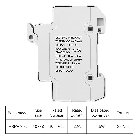 Heschen Solar/Photovoltaic Fuse Holder, PV Holder, HSPV-30D, DC1000V 32A, 2 Pole, 35mm DIN Rail Mounting, for HSPV-30 ST-10PV 10 * 38mm Fuse, CE Listed (1)