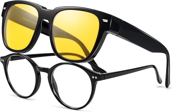 TJUTR Fit-Over Night Vision Driving Glasses for Men Women, Anti-Glare Polarized UV400 Yellow Lenses for Nighttime Safety