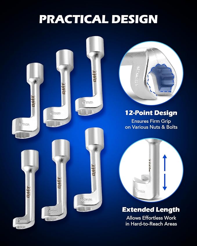 Orion Motor Tech 1/2" Dr Diesel Injector Socket Wrench Set, 6pc 12pt Diesel Fuel Socket Set with 12 14 16 17 18 19mm Wrenches, L-Type Diesel Mechanic Tool for Dismantling Fuel Line with Case
