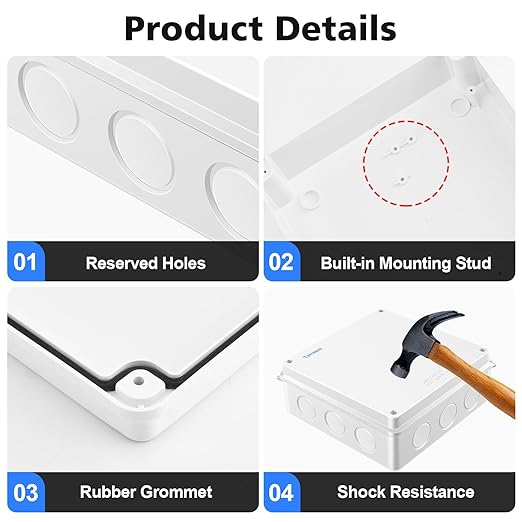 Waterproof Electrical Junction Box (7.9"x7.9"x3.1") with 12 Reserved Holes for Electronics - Sturdy ABS Plastic IP65 Dustproof Project Enclosure - White, (200x200x80mm)