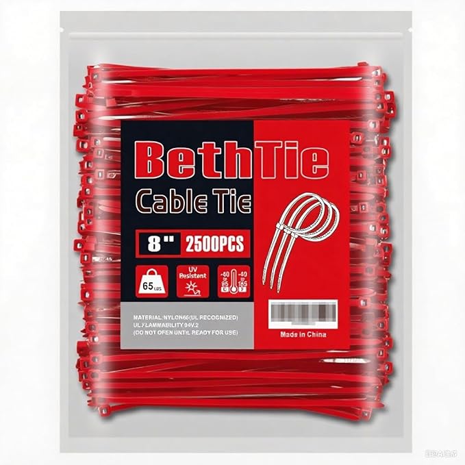 8 Inch Red Zip Ties (2500 Pack), 65 LBS Tensile Strength, Self-Locking Nylon PA66 UV Resistant Cable Ties for Indoor and Outdoor Use