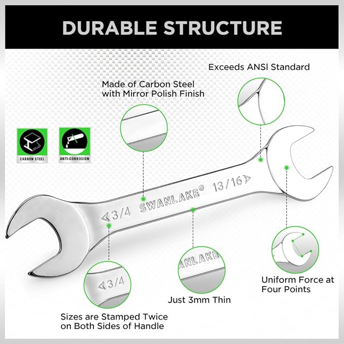 SWANLAKE 9-piece Super-Thin Open End Wrench Set, SAE 1/4", 9/32", 5/16", 3/8", 11/32", 13/32", 7/16", 1/2", 9/16", 11/16", 5/8", 19/32", 3/4", 13/16", 7/8", 15/16", 1", 1-1/16" with Rolling Pouch