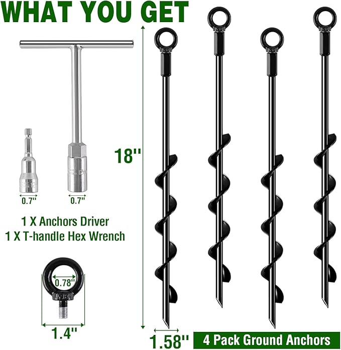 Ground Anchors Screw in, 18 Inch 4 Pack Spiral Swing Set Trampoline Earth Anchor Heavy Duty Metal Auger Stakes Kit for Shed Tent Tree Dog High Wind Carports Camping Mobile Home Greenhouse