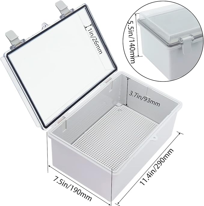 Junction Box, Hinged Clear Cover IP67 Waterproof ABS Project Box with 2 NPT 1/2" Cable Gland, Electrical Box Enclosure with Mounting Plate & Wall Bracket 11.4 x 7.5 x 5.5inch(290x190x140mm)