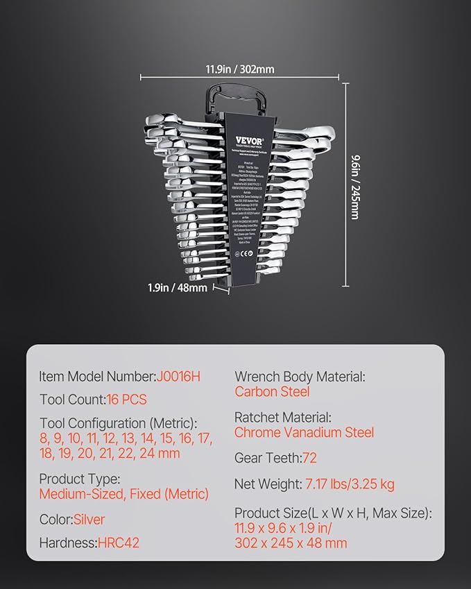VEVOR Combination Wrench Set, 16-Piece Ratcheting Wrench Set with Organizer Rack, Cr-V Steel, Metric 8 mm to 24 mm, Ideal for General Household, Garage, Workshop, Auto Repairs, Emergency