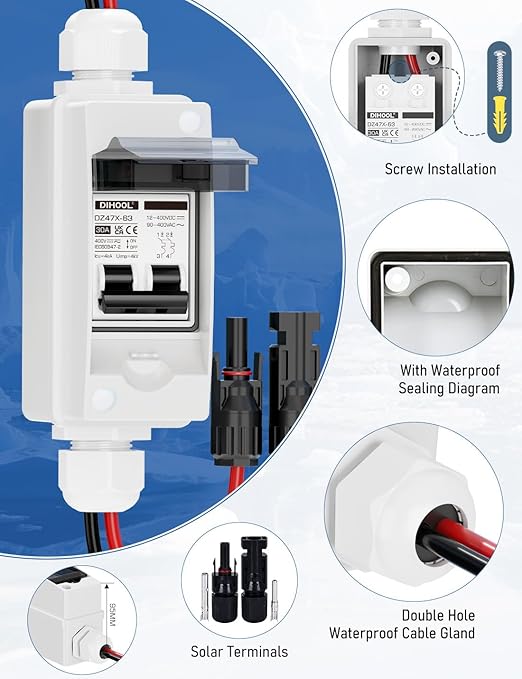 DIHOOL Solar Panel Disconnect Switch, Non Polarized DC Circuit Breaker, 30 Amp, 2 Pole, 12V-400V, AC Disconnect Box Outdoor, Battery Cutoff Isolator