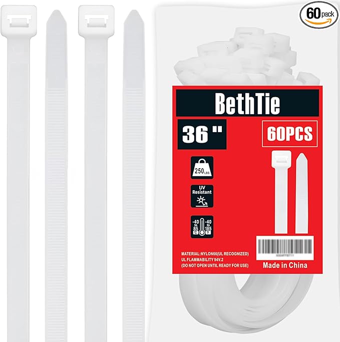 BethTie 36 Inch White Large Zip Ties Heavy Duty 60 Pack, 250 LBS Ultra Strong Plastic Wire Ties, Large Cable Ties Extra Long Tie Wraps For Indoor and Outdoor Use