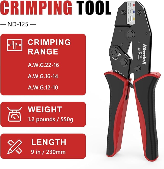 Newdeli Wire Crimping Tool for Heat Shrink Wire Connectors - AWG 22-10 Ratchet Wire Crimper Tool for Electrical Insulated Nylon Wire Terminals Heatshrink Butt Connectors Ratcheting Crimping Plier