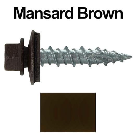 Metal Roofing Screws: (250) 10 x 1 Mansard Brown Hex Head Sheet Metal Roof Screw. Self Starting Metal to Wood siding Screws. EPDM Washer. Colored Head