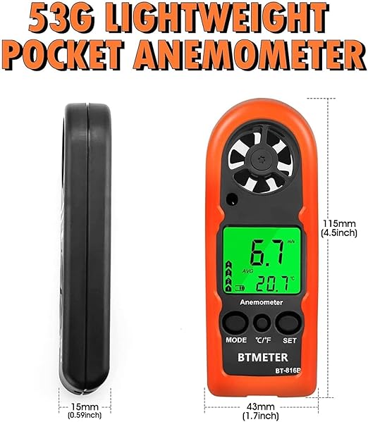 BTMETER Anemometer Handheld Wind Speed Meter, BT-816B Mini Digital Air Flow Meter with LCD Backlight/Wind Chill & Temp, Max/Avg/Current Mode to Measure Air Flow Velocity for Sailing Drone Golf HVAC