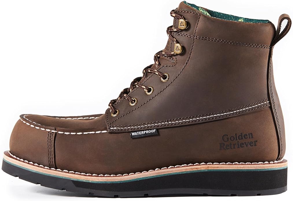 Golden Retriever 6''Composite/Soft Toe Work Boots For Men,Waterproof Wedge Moc Toe, Oil/Slip Resistant, Leather Welt, Industrial Construction Durty work Boots,EH G6155-G6255-G6355