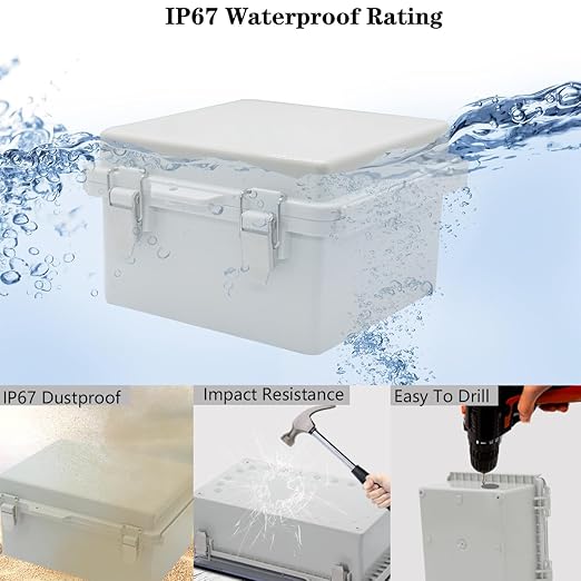 Zulkit Junction Box ABS Plastic Dustproof Waterproof IP67 Electrical Boxes Hinged Shell Outdoor Universal Project Enclosure Grey Clear Cover, Stainless Steel Buckles (5.9"x5.9"x3.5" GC k)