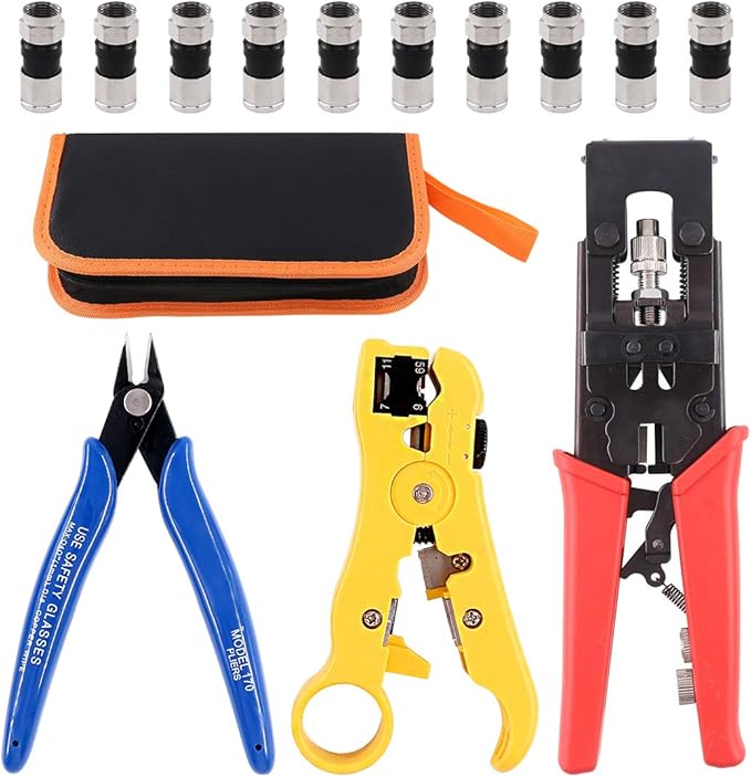 Hilitchi Coax Cable Crimper with Instruction Manual Multifunctional Compression Connector Adjustable Coaxial Crimping Stripping Tool and Micro Cutter with 10Pcs F Compression Connectors Black RG6