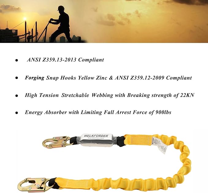6-Foot Shock Absorber Stretchable Safety Lanyard with Double Snap Hook Connectors ANSI Z359.13-2013 Compliant Fall Protection Equipment