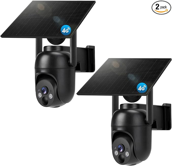 4G LTE Cellular Security Cameras Solar Powered No WiFi Security Camera Outdoor Wireless Built-in SIM Card 2K Color Night Vision 360° View Motion Detection 2-Way Audio 2 Packs