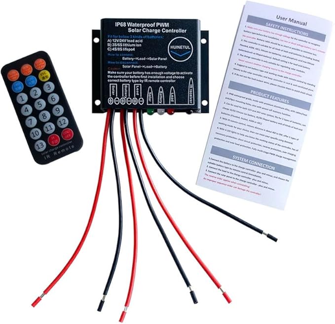 10A IP68 Waterproof Solar Charge Controller 12V 24V PWM Solar Panel Battery Charge Controller with IR Remote Control for Lithium Ion Lifepo4 Lead Acid Battery 24hrs Dust to Dawn Timer