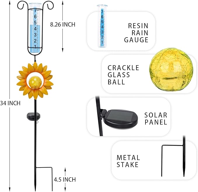MUMTOP Rain Gauge Outdoor, 34 Inch Large Number Solar Lights Sunflower Water Gauge for Lawn, Yard and Garden