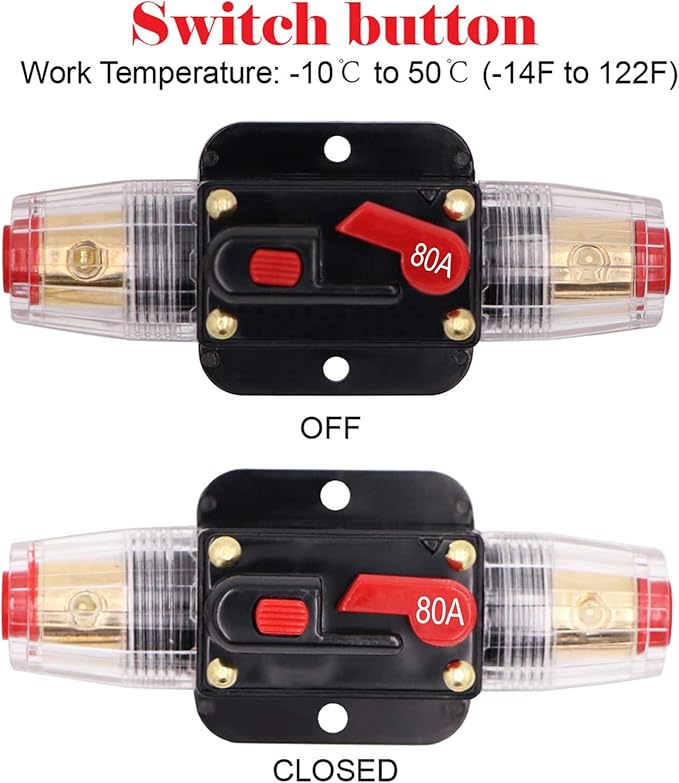 2 Piece 80A Audio Inline Circuit Breaker 12V with Manual Reset,80 amp Inline Fuse 0-8 Gauge for Car Audio, Stereo Switch and Solar Inverter System