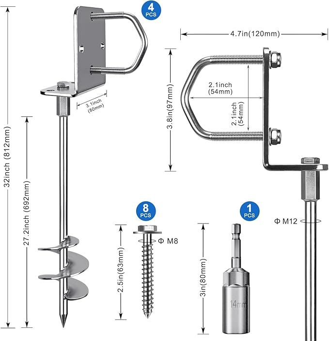 30" Heavy Duty Screw in Ground Anchors Kit, 3" Spiral Windproof Earth Anchors for Trampoline, Shed, Swing Set & Mobile Home, Fully Welded Steel with Nut Driver Drill Bit (Set of 4)