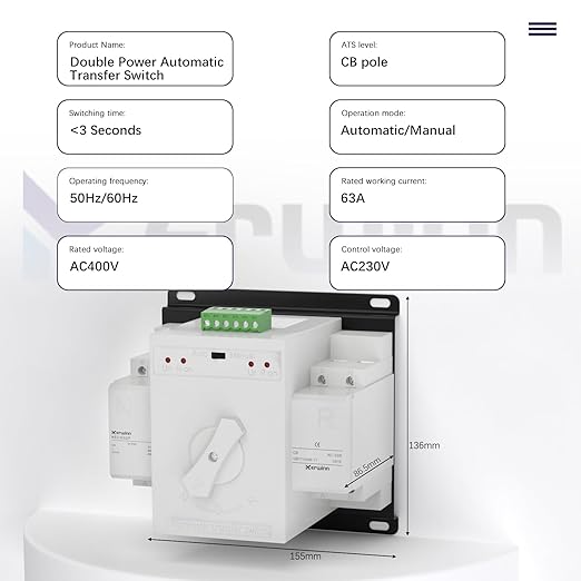 Dual Power Automatic Transfer Switch 110V 63A Outdoor Generator RV Transfer Switch 50HZ/60HZ Generator Changeover Switch(2P)