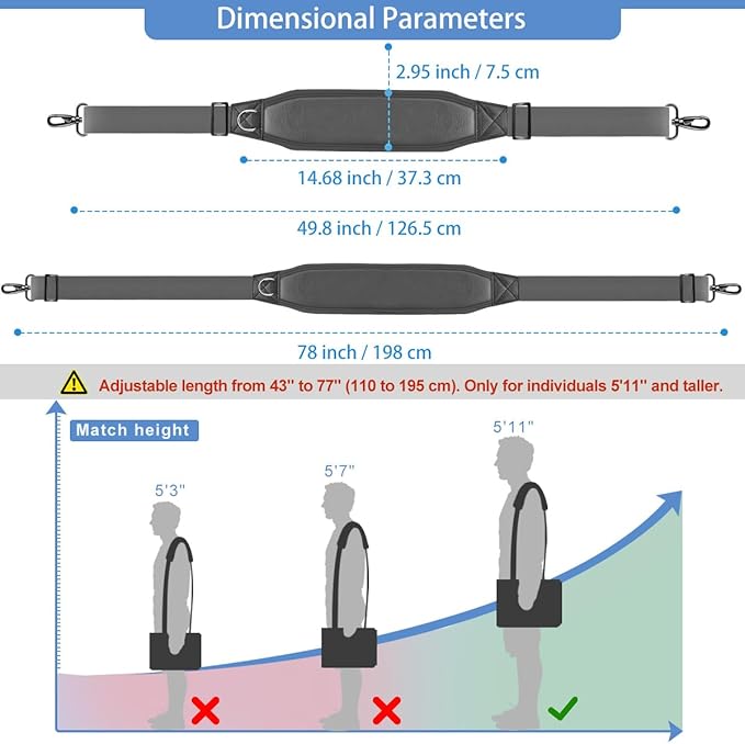 ZINZ Shoulder Strap 78" Belt with Neoprene Thick Padded, Universal Bag Strap with Double Adjustable Buckles and Metal Swivel Hooks,Ideal for Individuals 5'11" and Taller,Gray