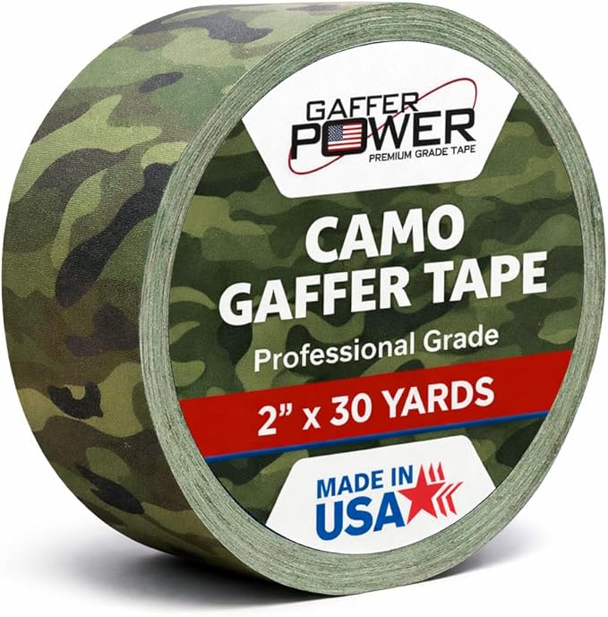 Gaffer Power Army Green Camo Gaffer Tape – Professional Grade, Made in USA, Non-Reflective Matte Cloth Tape, Heavy Duty, Easy Tear, Residue-Free – 2 Inch x 25 Yards