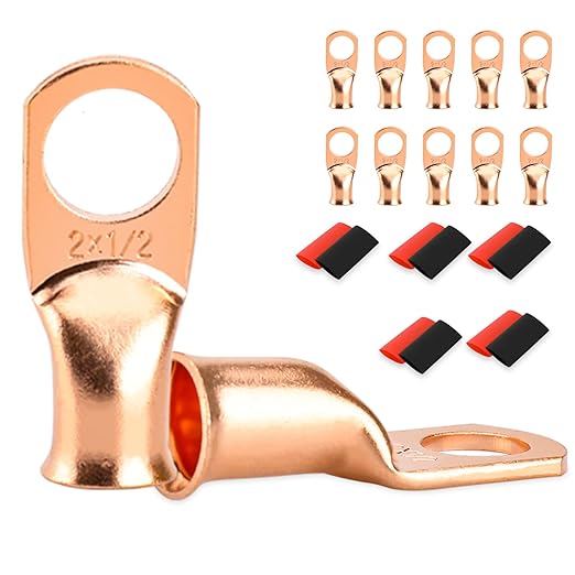 10 PCS Battery Terminal Connectors, Battery Cable Ends Lugs, 2 Gauge Wire Connectors, 2 AWG 1/2" Stud Ring Terminals, Copper Wire Lugs with Heat Shrink Tubing.