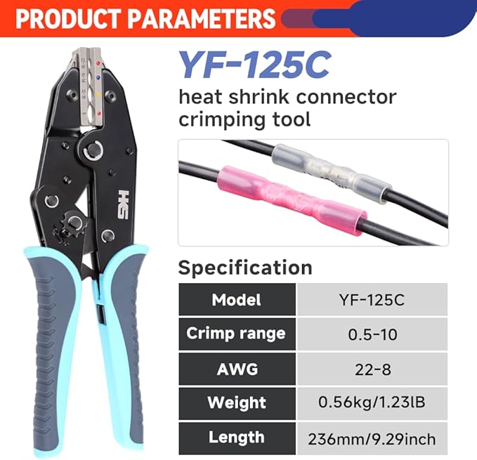 Heat Shrink Connectors Crimping Tool - Ratcheting Wire Crimper - AWG 22-8 (0.5-8.0mm²) - Electrical Crimping Tool