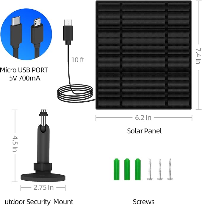 5W Solar Panel for Security Camera, Solar Panel with Micro USB & USB-C Port for DC 5V Outdoor Rechargeable Battery Camera, IP65 Waterproof, 360° Adjustable Security Mount, 9.8ft Cable(Black 1PC)