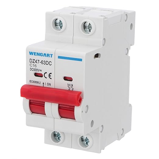 Wengart 16 Amp DC Miniature Circuit Breaker, 500V 2-Pole DZ47-63Z, Thermal-Magnetic Disconnect Switch for Solar PV System, Battery & RV Power, 35mm DIN Rail Mount, DC Only