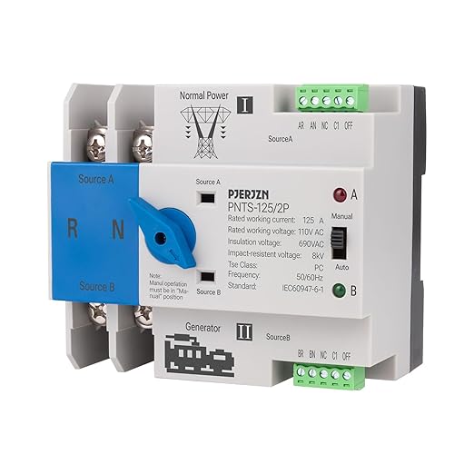 Automatic Transfer Switch for Generator 110V, 2Pole 63A 80A 100A 125A ATS Dual Power Switch with Manual Control, DIN Rail Mount, for Home RV Emergency Backup (2P 110V, 125A)