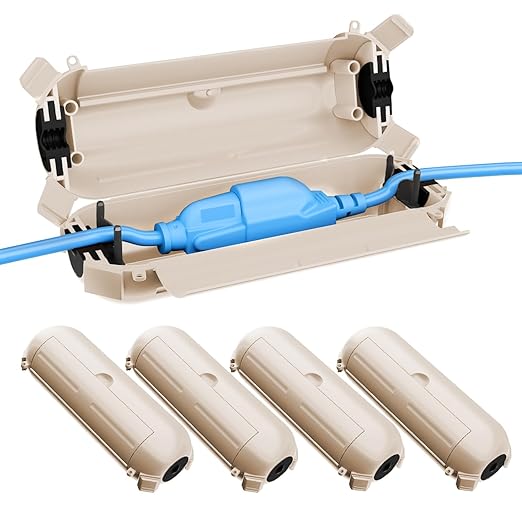 QUOBAS 5 Pack Outdoor Electrical Box, Waterproof Extension Cord Cover，Weatherproof Connection Box with Sealing Gasket for Outlets, Plugs, Christmas Lights & Power Tools，Almond