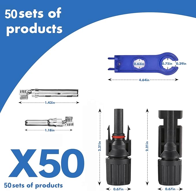 100 PCS Solar Panel Connectors, 50-Pairs+ 2 Spanners Solar Connector IP67 Waterproof 1000V 30A Photovoltaic Connector for Solar Panel System （10AWG）
