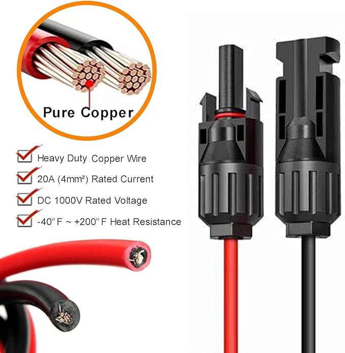 4 Pairs Solar for Connector Y Branch Parallel Adapter Cable Wire Plug 2 to 1 Male Female Connectors (M/FF, F/MM) for Solar Panel with PV Cable Clips