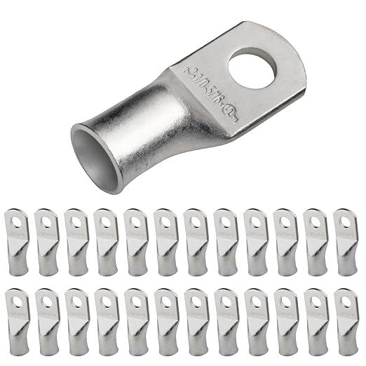 SELTERM 25pcs 1/0 AWG 5/16" Stud Marine Grade Tinned Copper Battery Cable Lugs, 0 Gauge Ring Terminals, UL Wire Lugs Electrical Battery Cable Ends, Tinned Copper Lugs Battery Terminal Connectors