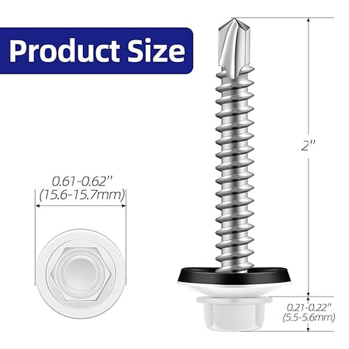 #12 x 2 Zinc Plated Steel Self Drilling Roofing Screws, Hex Head Self Tapping Screws with EPDM Washer, White Head, 50 PCS