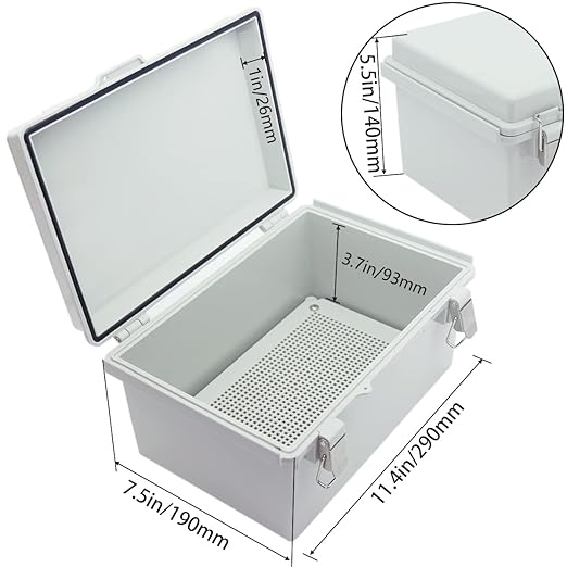 Junction Box, Hinged Cover Stainless Steel Latch IP67 Waterproof ABS Project Box with 2 Cable Glands, Electrical Box Enclosure with Mounting Plate & Wall Bracket 11 x 7.5 x 5.5inch