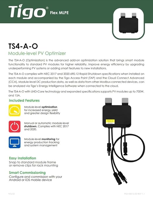 TS4-A-O Module Add-On Rapid Shutdown, Optimization, 1500V UL/1000TUV, 1.2M Cable, MC4 Genuine Connectors, Part No. 461-00252-32