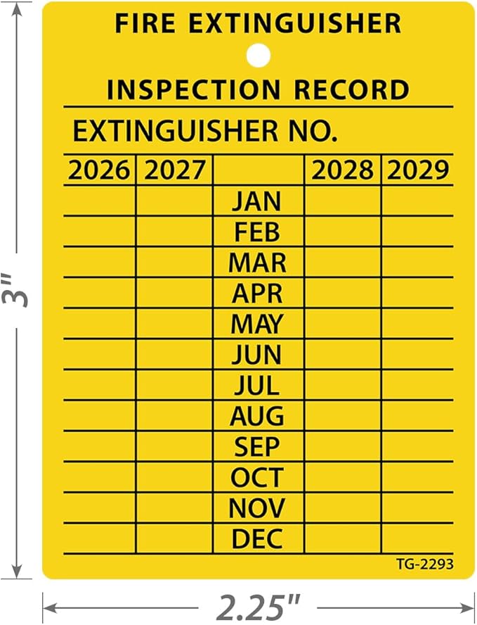 SmartSign 4-Year Yellow Fire Extinguisher Tags Monthly Inspection (10-Pack), 2.25" x 3", 2026 to 2029, Heavy-Duty Polyethylene, Tear Proof, 2+ Year Outdoor Life, Made in USA