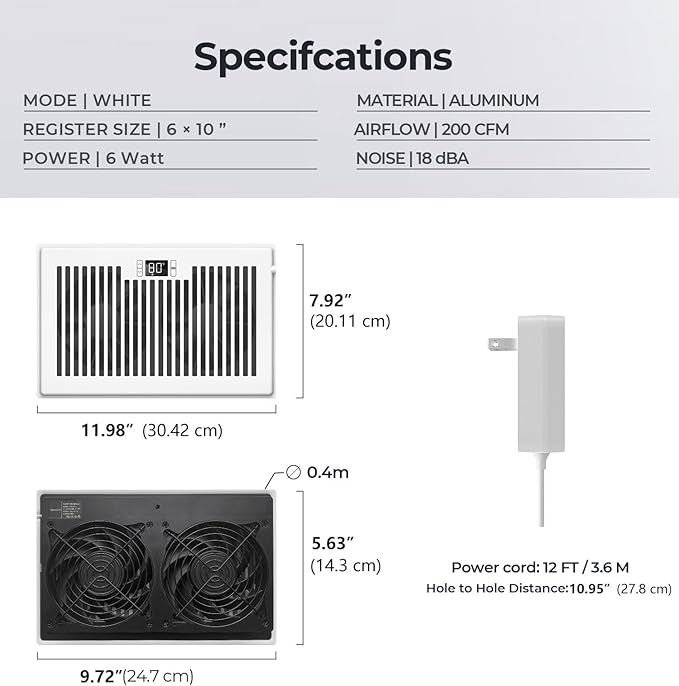 Quiet Register Booster Fan Fits 6" x 10" Register Holes, 10-Speed Smart Heating Cooling AC Vent Fan with Remote Control and Thermostat Control - White