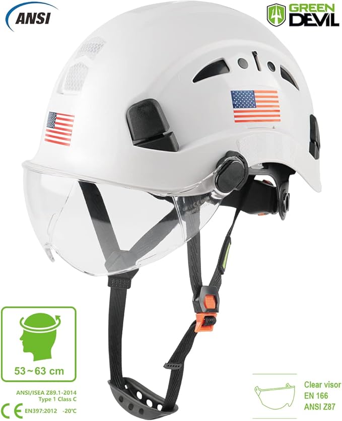 GREEN DEVIL Safety Helmet Hard Hat with Visor Chinstrap Adjustable Lightweight Vented ABS Work Helmet for Men and Women 6-Point Suspension ANSI Z89.1 Approved Ideal for Industrial & Construction