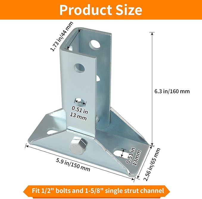 Adjustable Strut Post Base -180 Degree, Joint Connector Bracket, Solar Panel Rack Mount for 1-5/8" Single Strut Channel, 2 Pcs